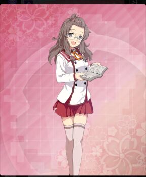 1girl :d bangs_pinned_back book brown_hair brown_thighhighs buttons dot_nose double-breasted feet_out_of_frame floral_background forehead fukuda_sawano game_cg glasses hands_up holding holding_book long_hair long_sleeves looking_at_viewer low-tied_sidelocks minoseki_academy_school_uniform neck_ribbon official_art open_book open_mouth pink_background purple_eyes red_sailor_collar red_skirt ribbon round_eyewear sailor_collar school_uniform shirt sidelocks skirt smile solo thighhighs third-party_source toji_no_miko toji_no_miko:_kizamishi_issen_no_tomoshibi white_shirt yellow_ribbon zettai_ryouiki