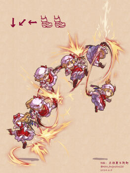 1girl absurdres akuma_(street_fighter) artist_name ascot attack_trail blonde_hair bobby_socks command_input crystal dated dress fighting_game flandre_scarlet frilled_dress frills hat hat_ribbon highres kicking mary_janes mob_cap motion_lines multiple_views nero_augustus puffy_short_sleeves puffy_sleeves red_eyes red_footwear red_skirt ribbon shoes short_hair short_sleeves side_ponytail simple_background skirt socks street_fighter street_fighter_6 tatsumaki_senpuukyaku touhou wings yellow_ascot