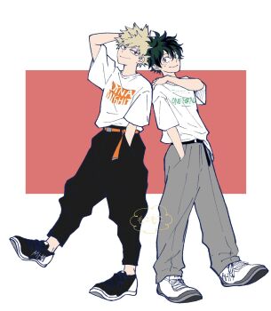 Rule 34 | 2boys, arm behind head, baggy pants, bakugou katsuki, belt, black belt, black pants, black shoes, blonde hair, boku no hero academia, border, closed mouth, commentary request, freckles, full body, green hair, grey pants, hair between eyes, hand in pocket, hand on own shoulder, highres, male focus, midoriya izuku, mocomocopicopi, multiple boys, orange belt, pants, pink background, print shirt, red eyes, shirt, shoes, short hair, smile, sneakers, spiked hair, t-shirt, white border, white shirt, white shoes