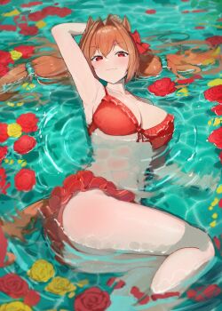 1girl absurdres amepa_(ame_pinecandy) animal_ears arm_up armpits ass bikini bikini_skirt blush bow breasts brown_hair cleavage collarbone commentary daiwa_scarlet_(mini_vacation)_(umamusume) daiwa_scarlet_(umamusume) feet_out_of_frame film_grain flower flower_on_liquid frilled_bikini frills hair_between_eyes hair_bobbles hair_bow hair_intakes hair_ornament highres horse_ears horse_girl horse_tail large_breasts legs long_hair looking_at_viewer lying lying_on_water navel official_alternate_costume on_side partially_submerged red_bikini red_bow red_eyes red_flower red_rose revision rose smile solo swimsuit tail thighs twintails umamusume very_long_hair water wet wet_hair yellow_flower yellow_rose