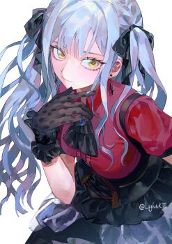 1girl ascot bang_dream! bang_dream!_it&#039;s_mygo!!!!! black_ascot black_corset black_gloves black_ribbon blue_hair brooch center-flap_bangs closed_mouth collared_shirt commentary corset cross-laced_clothes cross-laced_corset earrings frilled_skirt frilled_wrist_cuffs frills gloves hair_ribbon hand_up highres jewelry kinayone layered_skirt long_sidelocks looking_at_viewer oblivionis_(bang_dream!) playing_with_own_hair red_shirt ribbon shirt short_sleeves shoulder_strap sidelocks simple_background skirt solo togawa_sakiko twirling_hair twitter_username two_side_up white_background wrist_cuffs yellow_eyes