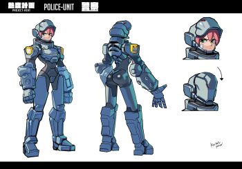 Rule 34 | 1girl, absurdres, armor, arms at sides, ass, assault visor, cyberpunk, cyborg, from behind, full armor, green eyes, highres, koutetu yarou, letterboxed, looking at viewer, multiple views, original, power armor, red hair, science fiction, signature