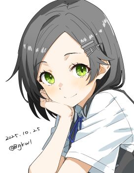 1girl absurdres bigkwl black_hair blush closed_mouth commentary dated dated_commentary green_eyes hair_ornament hairclip head_rest highres kantai_collection kuroshio_(kancolle) looking_at_viewer neck_ribbon one-hour_drawing_challenge pleated_skirt ribbon school_uniform shirt short_hair short_sleeves skirt smile solo twitter_username vest white_shirt