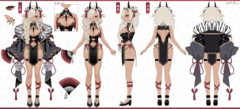 Rule 34 | 1girl, ankle belt, back cutout, bebe (bebe pp), belt, black belt, black dress, black horns, black nails, black shoes, breasts, cleavage, closed mouth, clothing cutout, dress, folding fan, grey hair, hair ornament, hair over one eye, hand fan, highres, holding, holding fan, horns, indie virtual youtuber, kokoi tuno, long braid, long hair, multiple views, navel, navel cutout, pelvic curtain, red eyes, shoes, tan, tassel, thigh belt, thigh strap, virtual youtuber