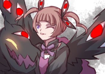 Rule 34 | brown hair, digimon, digimon beatbreak, gothic lolita, lolita fashion, merume digi, one eye closed, purple eyes, ribbon, shademon, shademon (haruko ver.), tongue, tongue out, wink, yamada haruko