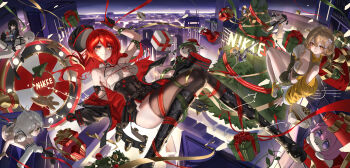 2girls absurdres anis_(nikke) beret black_boots black_hat black_skirt black_thighhighs blonde_hair boots breasts goddess_of_victory:_nikke hat highres jacket large_breasts long_hair looking_at_viewer medium_hair multiple_girls numnumhan_ningen rapi_(nikke) rapi_(red_hood)_(nikke) red_eyes red_hair shirt skirt thighhighs white_shirt yellow_eyes yellow_jacket