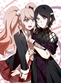 2girls :d alternate_costume arm_hug bare_shoulders bear_hair_ornament black_bow black_bowtie black_dress black_hair black_jacket bow bowtie closed_mouth collared_shirt commentary cowboy_shot danganronpa:_trigger_happy_havoc danganronpa_(series) deadman70232800 dress dress_flower enoshima_junko fighting_stance fingernails floral_print floral_print_dress flower freckles frown hair_ornament hand_up highres holding holding_knife ikusaba_mukuro jacket knife long_dress long_fingernails long_hair long_sleeves looking_at_another looking_at_viewer miniskirt multiple_girls nail_polish necktie off-shoulder_dress off_shoulder open_clothes open_jacket open_mouth outline pink_hair plaid_clothes plaid_skirt pleated_skirt print_dress purple_flower purple_rose red_nails red_necktie red_skirt rose shirt short_hair siblings sidelocks simple_background sisters skirt smile swept_bangs twins twintails v-shaped_eyebrows very_long_hair white_background white_outline white_shirt
