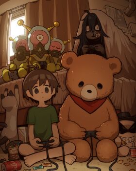1boy 1girl 3others alien animal bandana bed bedroom black_shorts can candy candy_wrapper carpet cat colored_skin controller cup curtains disposable_cup drink_can eating food game_controller ghost green_shirt grey_skin hair_between_eyes highres holding holding_controller holding_game_controller indian_style indoors large_teddy_bear light_particles long_hair mouse_(animal) multiple_others on_bed on_floor one-eyed original playing_games red_bandana shirt short_hair shorts sitting spacesuit stuffed_animal stuffed_toy t-shirt takurada teddy_bear teeth under_covers window wrapped_candy