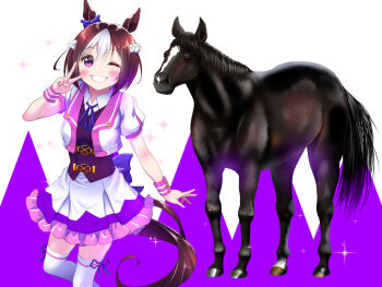 Rule 34 | animal ears, blush, bow, braid, breasts, brown hair, collared shirt, commentary request, creature and personification, ear bow, ear ribbon, grin, half up braid, horse, horse ears, horse girl, horse tail, jacket, looking at viewer, multicolored hair, one eye closed, open mouth, personification, purple bow, purple eyes, purple ribbon, purple vest, real life, ribbon, shirt, short hair, short sleeves, skirt, smile, special week (racehorse), special week (special dreamer) (umamusume), special week (umamusume), sugimotty nova, tail, teeth, thighhighs, two-tone hair, umamusume, v, vest, white hair, white shirt, white skirt, white thighhighs, wristband