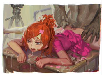 1boy 1girl alphonse_(white_datura) ass ballet_slippers bent_over blue_eyes bottomless brown_hair bukkake camera clothes_lift condom cum desk doggystyle dress dress_lift flat_chest go!_princess_precure haruno_haruka hetero highres loli lying on_desk on_stomach open_mouth pink_dress precure sex sex_from_behind smile split spread_legs tongue tongue_out used_condom vaginal