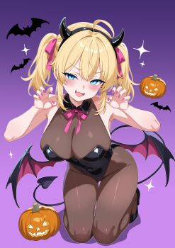 1girl :d absurdres ahoge animal bare_arms bare_shoulders bat_(animal) black_hairband black_leotard black_shoes blonde_hair blue_eyes blush bow breasts brown_bodystocking claw_pose commentary_request covered_groin demon_horns demon_tail demon_wings fake_horns fang full_body gradient_background hair_between_eyes hair_bow hairband halloween hands_up high_heels highres horns jack-o&#039;-lantern large_breasts leotard looking_at_viewer low_wings nail_polish oji_(drawingchinchin) open_mouth original pink_bow purple_background purple_nails red_wings shadow shoes smile solo sparkle strapless strapless_leotard tail twintails v-shaped_eyebrows wings