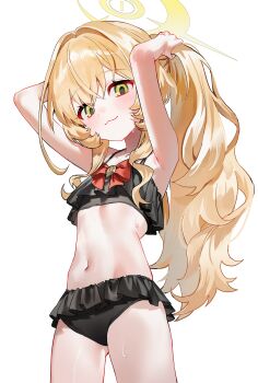 1girl :3 absurdres alternate_costume armpits arms_up bare_arms bikini black_bikini blonde_hair blue_archive bow gluteal_fold green_eyes halo highres long_hair looking_at_viewer minojko112 navel professor_niyaniya_(blue_archive) red_bow simple_background smile solo stomach swimsuit tying_hair very_long_hair wet white_background yellow_halo
