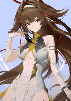 Rule 34 | 1girl, absurdres, animal ear fluff, animal ears, arm up, armlet, baiser3rd, bare shoulders, blue background, bracelet, breasts, brown hair, china dress, chinese clothes, closed mouth, clover, clover hair ornament, collarbone, commentary request, dress, droopy ears, hair ornament, hairband, highres, jewelry, korean commentary, light smile, long hair, looking at viewer, medium breasts, metal bracelet, red eyes, silver armlet, silver bracelet, solo, upper body, very long hair, white dress, white hairband, ye shunguang, zenless zone zero