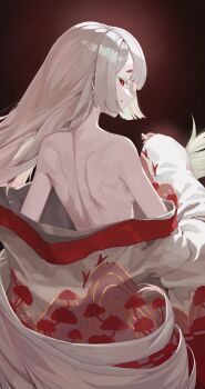 1girl absurdres backboob bare_back bare_shoulders breasts colored_eyelashes commentary_request dark_background from_behind grin hand_up highres hime_cut korean_commentary long_hair long_sleeves looking_at_viewer looking_back open_clothes open_robe pokoto red_eyes robe short_eyebrows small_breasts smile solo trickcal uros_(trickcal) very_long_hair white_eyelashes white_hair white_robe