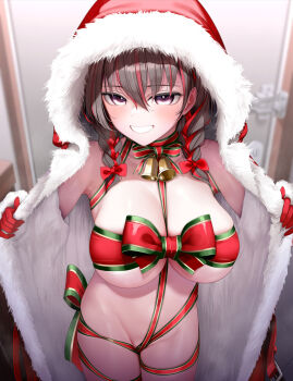 1girl bell blush braid breasts brown_hair christmas cleavage cloak commentary_request fed_(giba) fur-trimmed_cloak fur_trim gloves grin highres hood hooded_cloak jingle_bell large_breasts looking_at_viewer low_twin_braids medium_hair multicolored_hair naked_ribbon original purple_eyes red_cloak red_gloves ribbon smile solo streaked_hair twin_braids