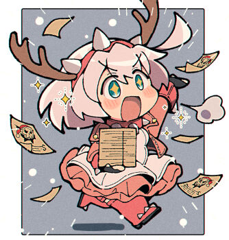 +_+ 1girl ahoge antlers aqua_eyes blush boots bracelet chibi collar deer_antlers dress elphelt_valentine frilled_dress frills guilty_gear guilty_gear_strive hairband horns huge_ahoge itsuka_neru jacket jewelry long_sleeves open_mouth paper paper_stack pink_boots pink_dress pink_hairband pink_jacket short_hair smile spiked_bracelet spiked_collar spiked_hairband spikes thigh_boots two-tone_dress white_dress white_hair