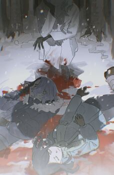 1girl 2boys absurdres amethio_(pokemon) black_boots black_gloves black_hair black_pants blood blood_on_clothes blood_on_ground blood_on_shoes blood_splatter blue_coat blue_scarf boots brown_gloves cheek_rest coat commentary death facing_another facing_to_the_side facing_up forest fur-trimmed_hood fur_trim gloves grey_coat grey_hair hand_on_own_chest hand_on_own_leg hand_rest hazel_maier head_out_of_frame highres hood implied_murder kneeling light_smile liko_(pokemon) looking_at_another multicolored_hair multiple_boys nature nintendo on_one_knee out_of_frame outdoors pants pokemon pokemon_(anime) pokemon_horizons pool_of_blood scarf snow snowing spinel_(pokemon) squatting twisted_torso two-tone_hair vignetting wavy_hair white_coat