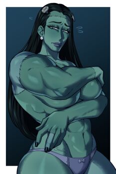 1girl abs bernadette_(succuboos) black_hair colored_skin earrings frankenstein&#039;s_monster green_eyes green_skin grey_panties highres jewelry long_hair monster_girl navel original panties solo stitched_arm stitched_forehead stitches succuboos underwear