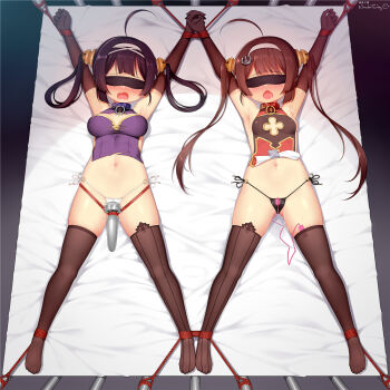 2girls afterimage ahoge armpits arms_up artist_name asymmetrical_legwear azur_lane bare_shoulders bdsm black_gloves black_hair black_legwear black_panties blindfold blush bondage bound bound_ankles bound_wrists breasts breasts_apart brown_hair china_dress chinese_clothes cleavage_cutout clitoral_stimulation clothes_lift clothing_cutout collar controller dark dress dress_lift egg_vibrator elbow_gloves female_focus from_above full_body gloves gluteal_fold hair_ornament hair_rings hairband hitachi_magic_wand holding_hands huoji_(wonderturkey) interlocked_fingers long_hair lying medium_breasts mismatched_legwear motion_lines multiple_girls navel ning_hai_(azur_lane) nose_blush o-ring o-ring_bottom o-ring_panties on_back on_bed open_mouth outstretched_arms panties pelvic_curtain pelvic_curtain_lift ping_hai_(azur_lane) purple_dress pussy_juice red_dress remote_control remote_control_vibrator rope saliva see-through_clothes sex_toy side-tie_panties sidelocks signature skindentation sleeveless sleeveless_dress small_breasts spread_arms spread_eagle_position spread_legs stomach string_panties symmetry tape thighhighs torn_clothes torn_dress twintails underwear vibrator vibrator_in_thighhighs wavy_mouth wet wet_clothes wet_panties white_background white_hairband white_panties