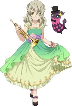 Rule 34 | 1girl, artist request, black shoes, blonde hair, bow, braid, closed mouth, collarbone, creature, doll, dress, elize lutus, elize lutus (orchestra), full body, game cg, green dress, green eyes, hair between eyes, highres, holding, holding instrument, holding trumpet, instrument, looking at viewer, medium hair, multicolored dress, official alternate costume, official art, purple bow, shoes, smile, solo, standing, tales of (series), tales of asteria, tales of xillia, teepo (tales), third-party source, transparent background, trumpet, yellow dress
