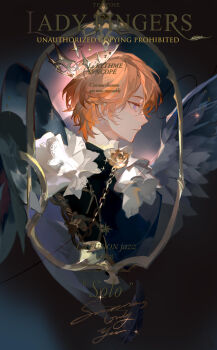 1boy ^^^ absurdres black_wings brooch crown english_text feathered_wings formal_clothes fur_trim hair_between_eyes highres jewelry liulianjingrua looking_to_the_side male_focus orange_hair original picture_frame profile purple_eyes short_hair solo upper_body wings