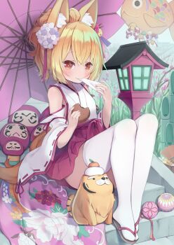 1girl animal_ears arashiya commentary_request eating fox_ears fox_girl hakama hakama_short_skirt hakama_skirt highres japanese_clothes miko original red_eyes red_hakama short_hair shrine sitting skirt thighhighs white_thighhighs wide_sleeves