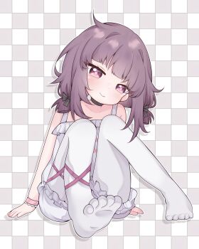 1girl absurdres black_choker blush bow camisole choker closed_mouth commentary english_commentary fallenshadow feet flat_chest foot_focus full_body grid_background hair_bow highres indie_virtual_youtuber light_smile loli looking_at_viewer messy_hair mishiiemoo outline pantyhose pink_eyes purple_hair sitting solo toes virtual_youtuber white_outline white_pantyhose