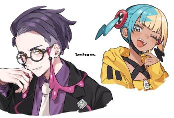 1boy 1girl aqua_hair bandeau black_hair black_jacket black_mask blonde_hair blue_eyes blush breasts canari_(pokemon) collared_shirt commentary_request corbeau_(pokemon) criss-cross_straps cropped_shoulders dark-skinned_female dark_skin eyewear_strap glasses jacket long_sleeves looking_at_viewer mask mask_pull mega_stone mouth_mask multicolored_hair necktie nintendo one_eye_closed open_clothes open_jacket parted_hair parted_lips pokemon pokemon_legends:_z-a purple_hair purple_shirt round_eyewear shirt short_hair short_sideburns short_twintails smile split-color_hair sports_bra teeth twintails two-tone_hair two-tone_mask undercut white_necktie yellow_bandeau yellow_eyes yellow_jacket yellow_mask yellow_sports_bra zoosoeoa