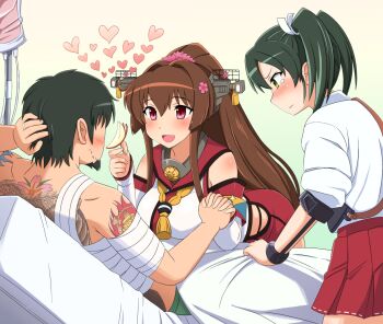 10s 1boy 2girls :d apple_rabbit artist_self-insert bad_id bandages bed bed_sheet black_hair blush breasts brown_hair detached_sleeves facial_hair flower food food_art ganesha goatee gradient_background green_eyes green_hair hair_flower hair_ornament hakama hakama_short_skirt hakama_skirt headgear heart holding_hands hospital_bed interlocked_fingers intravenous_drip japanese_clothes jealous jewelry kantai_collection large_breasts long_hair lying multiple_girls muneate nontraditional_miko on_back open_mouth ponytail red_eyes ribbon-trimmed_skirt ribbon_trim ring scratching_head scrunchie shin'en-san_(shin'en) shin'en_(gyokuro_company) short_hair sidelocks skirt smile tattoo tears twintails wedding_band yamato_(kancolle) zuikaku_(kancolle)