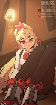 1girl :&lt; :3 alice_thymefield animal_ears animated animated_gif artist_collaboration artist_name black_pantyhose blonde_hair blush bow bowtie braid breasts commentary diives dress english_commentary gmoresketch green_dress hair_ornament heterochromia highres indoors lamp large_breasts long_hair long_sleeves looking_at_viewer low_twintails m_legs panties panties_under_pantyhose pantyhose rabbit_girl red_bow red_bowtie red_eyes sconce shirt sitting solo sphere_hair_ornament spread_legs tiptoes twintails underwear variant_set white_shirt yellow_eyes zenless_zone_zero