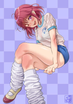 1girl asahina_yuko blue_background blue_buruma blush bra_visible_through_clothes breasts buruma crossed_legs gym_uniform highres looking_at_viewer loose_socks medium_breasts medium_hair open_mouth pairan red_eyes red_hair shirt simple_background sitting smile socks solo tokimeki_memorial white_shirt