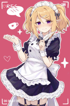 1girl absurdres apron black_bow black_sleeves blonde_hair bow breasts chloe_(princess_connect!) closed_mouth commentary_request cowboy_shot dress elf embarrassed frilled_dress frills garter_straps hand_up highres holding looking_at_viewer maid maid_apron maid_headdress open_hand pink_background pointy_ears princess_connect! pu90237361 purple_eyes recording solo spoken_blush thighhighs twintails viewfinder white_wrist_cuffs wrist_cuffs
