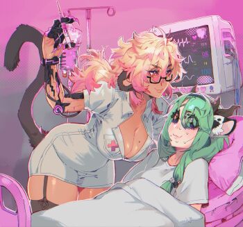 2girls animal_ears bed bimbwoh black_thighhighs blonde_hair breasts cleavage colored_sclera commentary cow_ears cow_girl cow_horns crelly cyborg dark-skinned_female dark_skin english_commentary garter_straps green_hair grey_sclera hair_ornament heterochromia highres horns hospital_bed indie_virtual_youtuber koko_d._nuts large_breasts leaning_forward long_hair mechanical_arms mole mole_on_breast mole_under_mouth monkey_ears monkey_girl monkey_tail multiple_girls nervous_sweating nurse pink_hair red_eyes shirt single_mechanical_arm smile sweat syringe tail thick_thighs thighhighs thighs twintails virtual_youtuber white_shirt yellow_eyes