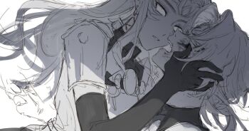 1boy 1girl blood clenched_teeth facial_mark fierce_deity greyscale hand_on_another's_face highres ji_yuyun link long_glove looking_at_another monochrome nintendo no_pupils open_mouth opera_gloves possessed possession princess_zelda simple_background tattoo teeth the_legend_of_zelda upper_teeth_only white_background