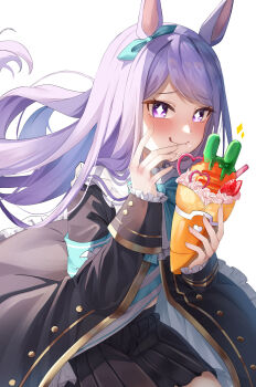 +_+ 1girl animal_ears aqua_bow aqua_ribbon black_jacket black_skirt blue_shirt blush bow carrot closed_mouth coat crepe ear_bow ear_ribbon food food_on_face frilled_coat frilled_jacket frills fruit highres holding holding_crepe holding_food horse_ears horse_girl jacket long_hair long_sleeves looking_at_viewer mejiro_mcqueen_(frontline_elegance)_(umamusume) mejiro_mcqueen_(umamusume) no_tail paku_paku_desuwa pleated_skirt purple_eyes purple_hair ribbon shirt simple_background skirt smile solo star-shaped_pupils star_(symbol) strawberry striped_clothes striped_shirt symbol-shaped_pupils umamusume white_background white_shirt yume_30_31