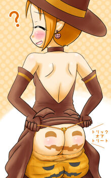 1girl ass ass_support backboob backless_outfit bare_shoulders bloomers bloomers_pull blush breasts brown_eyes choker earrings g-string halloween hat jack-o&#039;-lantern jewelry looking_at_viewer looking_back manaa_(kasetsu_sakurasaku) open_mouth orange_hair panties pointy_ears shiny_skin short_hair elbow_gloves small_breasts smile solo thong underwear