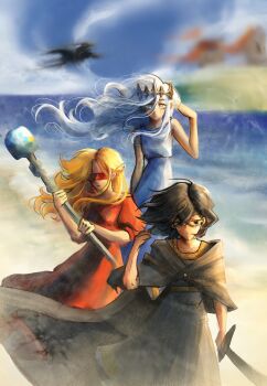 Rule 34 | 1boy, 2girls, :d, absurdres, bad anatomy, bad hands, beach, bird, black eyes, black hair, black robe, black tunic, blindfold, blonde hair, blurry, blurry background, cassie (shadow slave), commentary, crown, dress, english commentary, feet out of frame, grey eyes, grin, highres, holding, holding scepter, holding sword, holding weapon, long hair, looking at viewer, multiple girls, nephis (shadow slave), open mouth, red dress, robe, scepter, shadow slave, short hair, sleeveless, sleeveless dress, smile, sunny (shadow slave), sword, tunic, weapon, white dress, white hair, wind, wind lift, xiezmy2