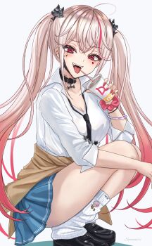 1girl :d absurdres black_necktie black_shoes blue_skirt breasts brown_cardigan brown_hair cardigan cardigan_around_waist cleavage clothes_around_waist collared_shirt commentary_request cup disposable_cup dress_shirt drinking_straw fangs goddess_of_victory:_nikke gradient_hair grey_background highres holding holding_cup jackal_(class_troublemaker)_(nikke) jackal_(nikke) loafers long_hair looking_at_viewer loose_socks medium_breasts multicolored_hair necktie open_mouth pleated_skirt red_eyes red_hair ribbed_socks school_uniform shadow shirt shoes signature skirt smile socks solo streaked_hair sunameri_(pixiv3564245) tongue tongue_out twintails very_long_hair white_shirt white_socks