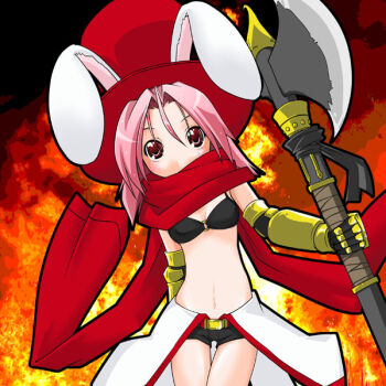 Rule 34 | 1girl, animal ears, armor, axe, bikini, bikini top only, black bikini, black gloves, black shorts, blush, breasts, commentary request, cowboy shot, curtained hair, elbow gloves, fiery background, fire, gauntlets, gloves, hat, holding, holding axe, kei (fortune), looking at viewer, mechanic (ragnarok online), navel, pink hair, rabbit ears, ragnarok online, red eyes, red hat, red scarf, scarf, shorts, small breasts, solo, swimsuit, top hat, yellow armor