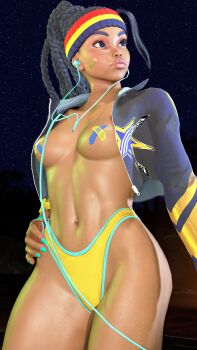 1girl 3d alternate_costume aqua_hair arms_up bikini black_hair braid breasts cleavage curvy dark-skinned_female dark_skin dreadlocks highleg highleg_bikini highres jacket kimberly_jackson long_hair multicolored_hair official_alternate_costume open_clothes open_jacket parted_lips pasties ryona shiny_skin smile solo standing street_fighter street_fighter_6 swimsuit third-party_edit thong thong_bikini topless_female wide_hips yellow_bikini