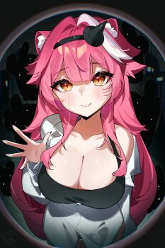 1girl absurdres animal_ears artist_logo back black_hairband blush breasts cat_ears cat_girl cleavage closed_mouth collarbone commentary english_commentary fisheye hairband hayate_fish highres hololive hololive_english huge_breasts logo long_hair long_sleeves looking_at_viewer multicolored_hair nail_polish panther_ears panther_girl pink_hair pink_nails raora_panthera shirt smile solo streaked_hair two-tone_hair virtual_youtuber white_shirt yellow_eyes