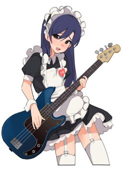1girl absurdres apron black_dress blue_hair brown_eyes commentary_request cropped_legs dress electric_guitar garter_straps guitar heart highres holding holding_guitar holding_instrument idolmaster idolmaster_(classic) instrument kisaragi_chihaya korean_commentary long_hair maid maid_apron maid_headdress name_tag open_mouth panties puffy_short_sleeves puffy_sleeves short_sleeves simple_background soayo solo standing thighhighs underwear white_apron white_background white_panties white_thighhighs white_wrist_cuffs wrist_cuffs
