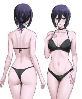 1girl ass black_bra black_choker black_hair black_panties bow bow_bra bow_panties bra breasts chainsaw_man choker collarbone green_eyes hair_between_eyes hair_bun halterneck hand_on_own_chest hashtag-only_commentary highres long_hair_between_eyes looking_at_viewer medium_breasts multiple_views navel panties parted_lips reze_(chainsaw_man) short_hair single_hair_bun skrillex_li string_bra thighs underwear underwear_only