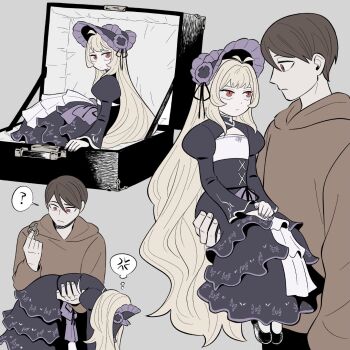 1boy 1girl ? brown_hair dress eighth_note f_duck478 flower highres hood hoodie long_hair long_sleeves multiple_boys musical_note original red_eyes short_hair spoken_question_mark