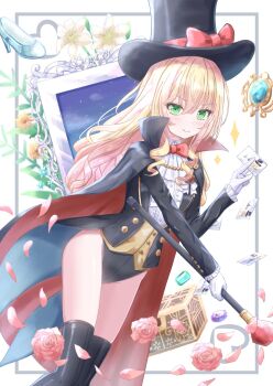 1girl akaneuta_chitose black_cloak black_hat black_jacket black_leotard black_thighhighs blonde_hair boots bow bowtie brown_vest cane cloak commission flower gem gloves green_eyes hat highres jacket leotard leotard_under_clothes long_hair multicolored_cloak original petals phantom_thief phantom_thief_(kkmomo67) red_bow red_bowtie red_cloak rose shirt skeb_commission smile solo thigh_boots thighhighs thighs top_hat two-sided_cloak two-sided_fabric two-tone_cloak vest white_gloves white_shirt