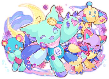 animal_ear_fluff animal_ears aqua_eyes artificial_intelligence artist_request badge bear_ears blue_cape button_badge buttons cape cel_shading claws colored_eyelashes crash_fever crescent cube fang fluffy_(crash_fever) full_body game_cg heart heart_on_chest light_particles looking_at_viewer moon no_humans no_nose number_print numbered official_art one_eye_closed open_mouth outline pastel_colors pink_eyes pink_scarf polka_dot print_scarf red_outline scarf square square_print tachi-e third-party_source transparent_background two-sided_scarf yellow_moon