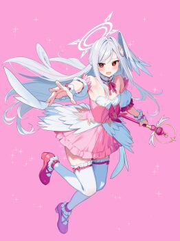 1girl absurdres blue_archive breasts detached_sleeves dress full_body halo head_wings hidis0086 highres holding holding_staff mage_staff magical_girl multicolored_dress official_alternate_costume open_mouth pink_background pink_dress pink_shoes red_eyes shoes single_head_wing small_breasts solo staff suzumi_(blue_archive) suzumi_(magical)_(blue_archive) thighhighs white_dress white_hair white_halo white_thighhighs wings