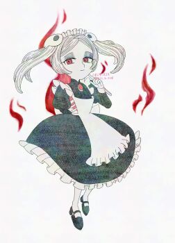 011_8_110 1girl 2025 adversarial_noise apron arm_behind_back bloody_marie_(skullgirls) braid brooch dated dress eyeshadow finger_to_cheek frilled_apron frilled_dress frills full_body grey_hair hair_ornament jewelry looking_at_viewer maid_headdress makeup mary_janes pantyhose red_eyes ribs shoes skeleton skull_hair_ornament skullgirls smile solo twin_braids