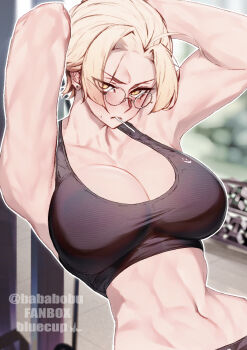 1girl armpits arms_behind_head black_sports_bra blonde_hair bluecup blurry blurry_background breasts cleavage commentary curtained_hair dumbbell earrings english_commentary exercising fanbox_username fitness_gym glasses highres indoors jewelry large_breasts looking_at_viewer mole mole_on_cheek mouth_hold navel original round_eyewear scar scar_on_face short_hair solo sports_bra stud_earrings toned toned_female twitter_username upper_body v-shaped_eyebrows yellow_eyes