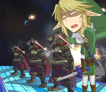 Rule 34 | 4boys, armor, beard, belt, blonde hair, boots, bracer, earrings, facial hair, final destination (smash bros), galaxy, ganondorf, gauntlets, hanjuku tomato, hat, jewelry, left-handed, leggings, lineup, link, male focus, master sword, multiple boys, multiple persona, nintendo, pointy ears, red hair, sheath, shield, space, super smash bros., sword, the legend of zelda, the legend of zelda: twilight princess, utility belt, weapon